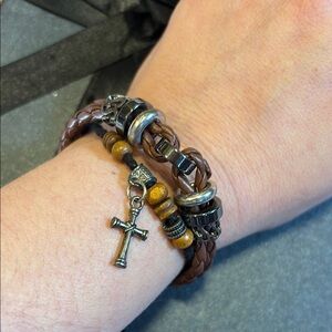 Brown Faux Leather & Cord Bracelet with Cross Charm
